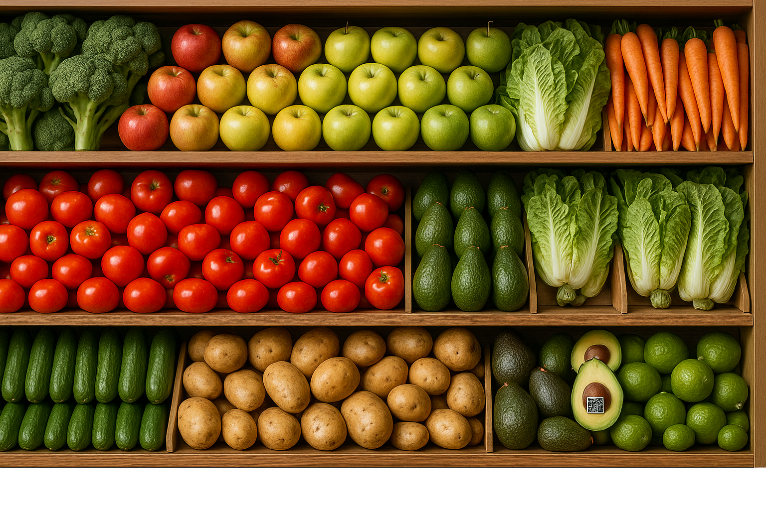 Variedad de frutas y verduras organizadas en góndola