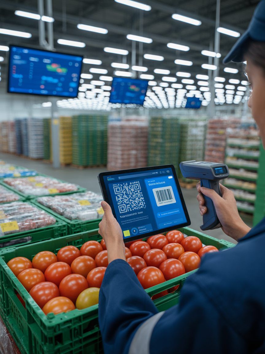 Operario escaneando QR de productos en almacén con dashboards de monitoreo